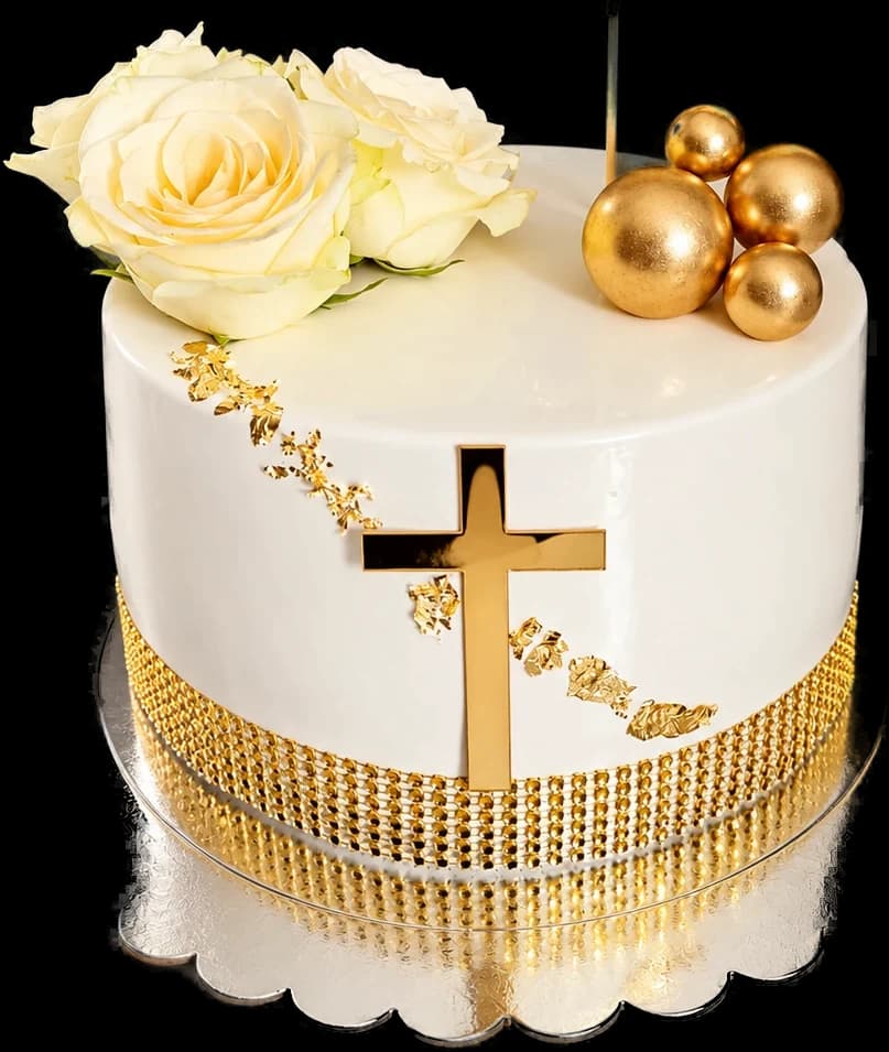 White confirmation cake with a gold cross, gold pearls and cream roses, made in Jersey by Sweets Land