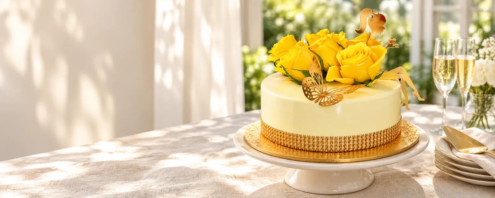 Two-tier black and white wedding cake with gold leaf, cream roses and wheat, made in Jersey by Sweets Land