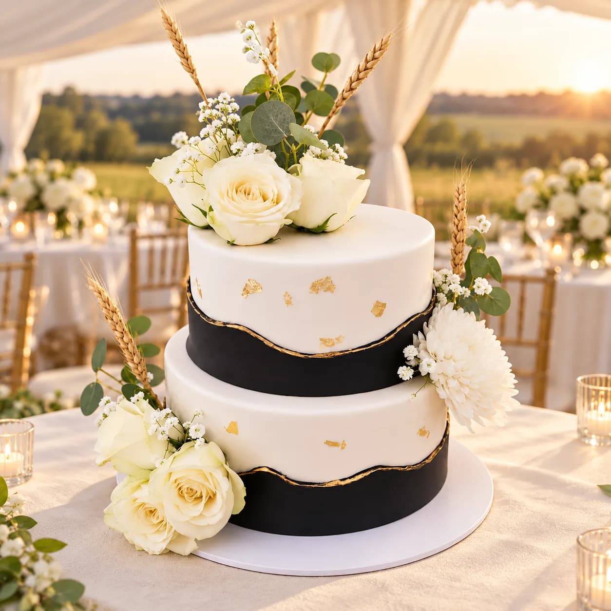 Two-tier black and white wedding cake with gold leaf, cream roses and wheat, made in Jersey by Sweets Land