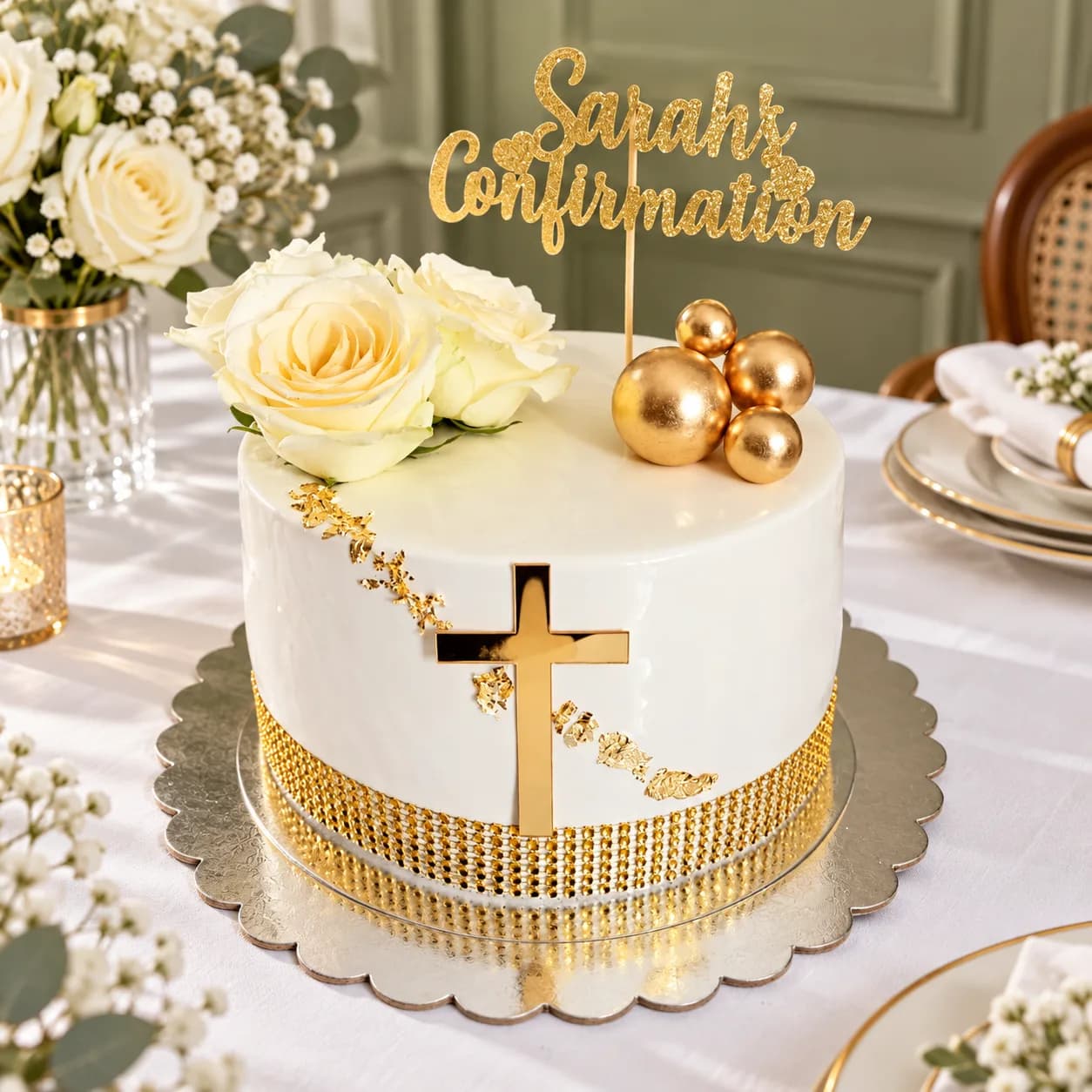 White confirmation cake with gold cross, gold spheres and cream roses, made in Jersey by Sweets Land