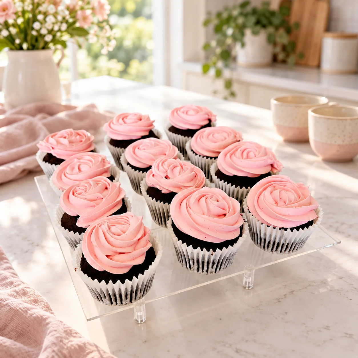 Twelve chocolate cupcakes with rose-piped buttercream, made in Jersey by Sweets Land