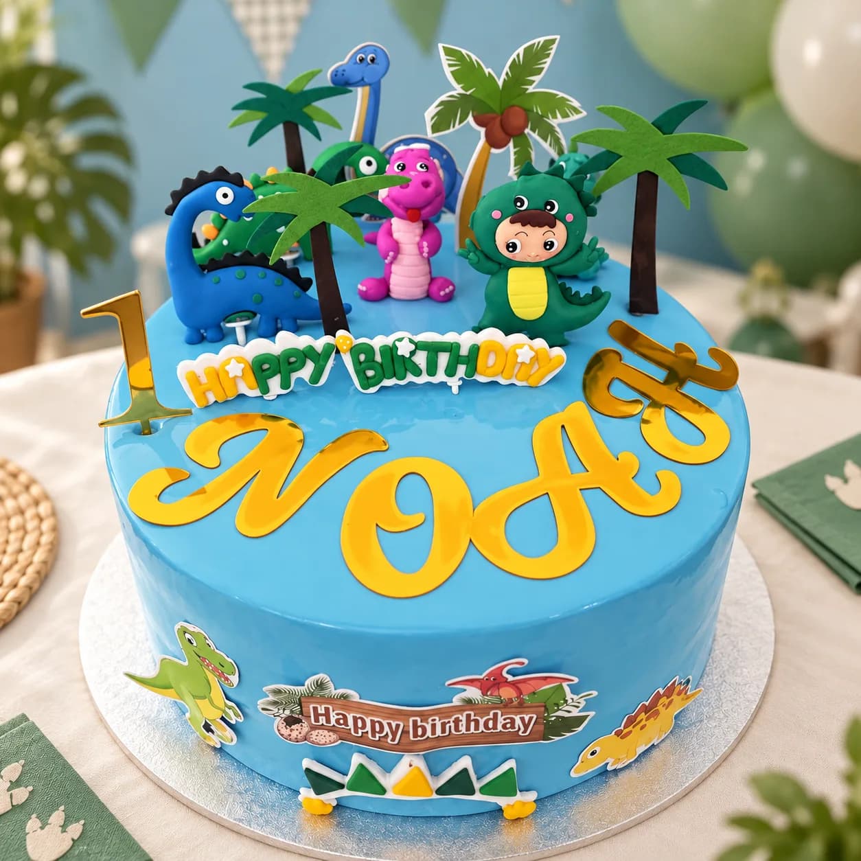 Blue dinosaur first birthday cake with palm trees and a gold name topper, made in Jersey by Sweets Land