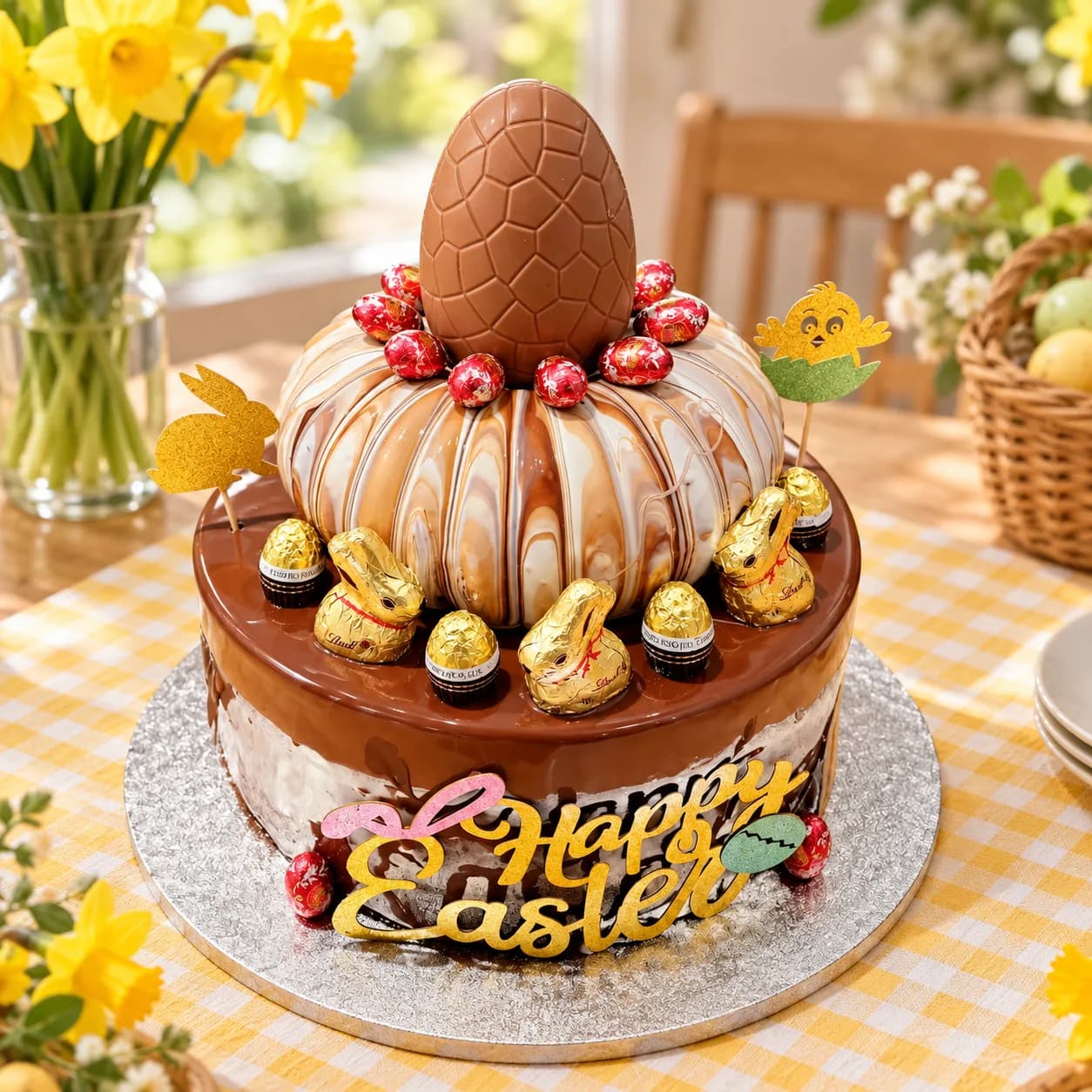 Chocolate Easter cake with a marbled glaze, a large chocolate egg and gold bunnies, made in Jersey by Sweets Land