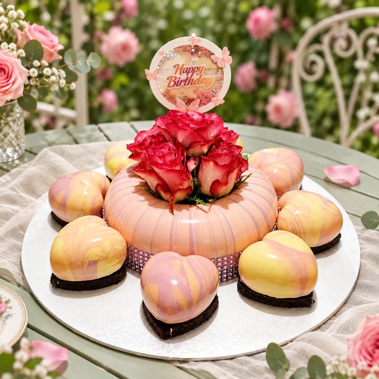 Peach and pink marbled mousse ring with red roses and heart mousses around it, made in Jersey by Sweets Land
