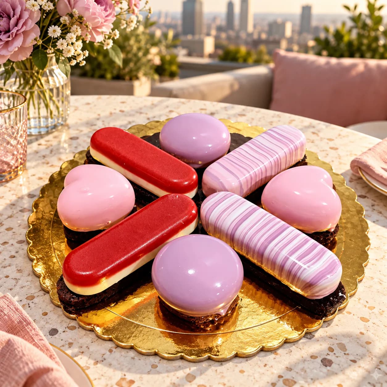 Eight individual mousse cakes in heart, dome and oblong shapes, with pink, lilac and red finishes