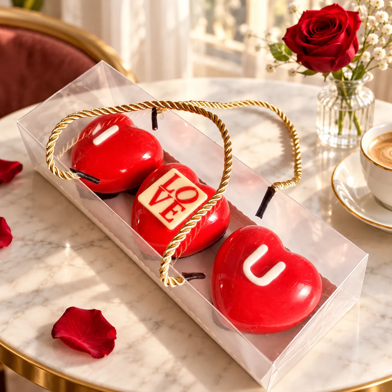 Three red mirror-glaze heart mousses spelling I LOVE U in a gift box with a gold rope handle, made in Jersey by Sweets Land