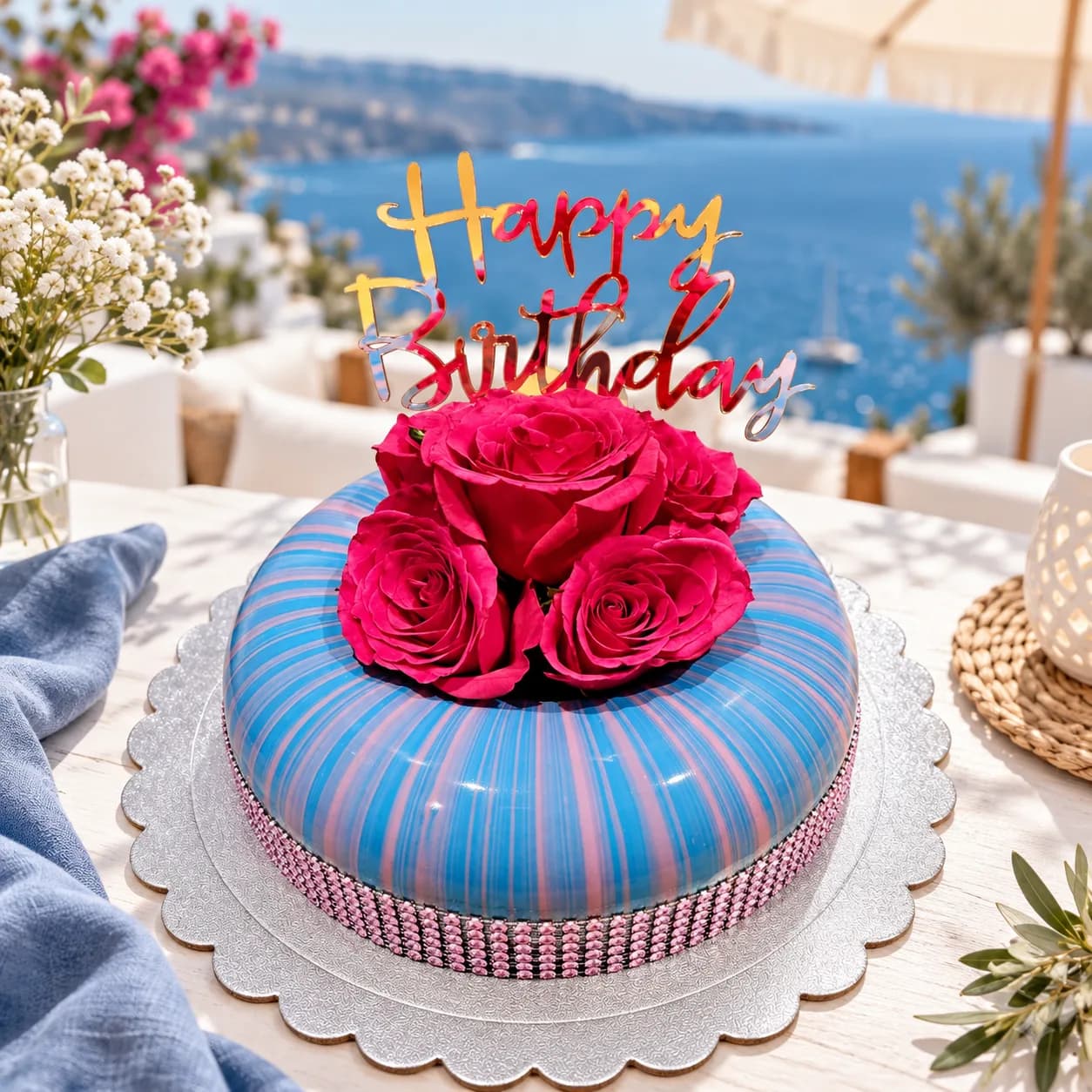 Blue and pink striped mirror-glaze ring cake with pink roses, a gold Happy Birthday topper and sparkling pink trim, handmade in Jersey by Sweets Land.