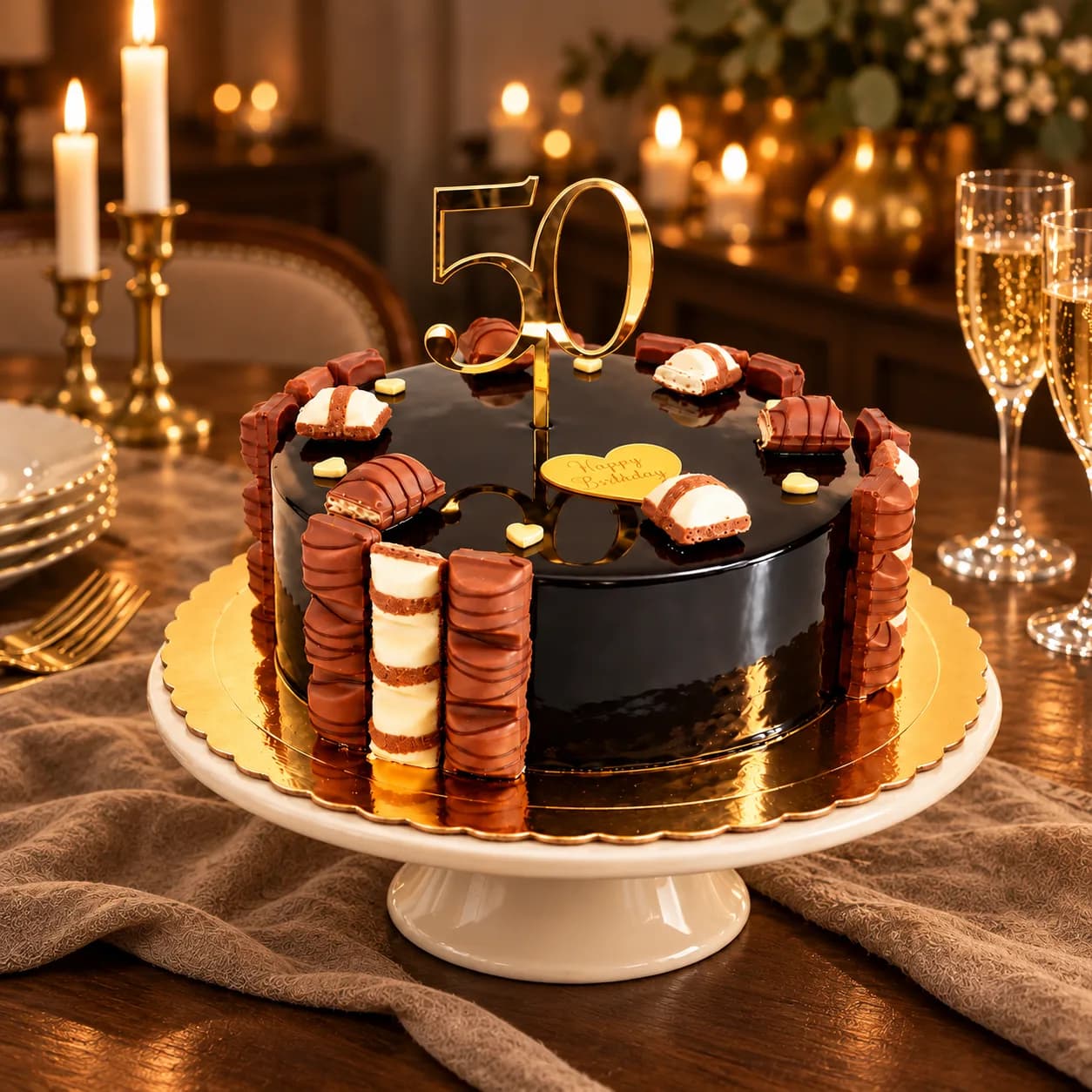 Black mirror-glaze whisky birthday cake with gold leaf, a gold Happy Birthday topper and miniature bottles, made in Jersey by Sweets Land