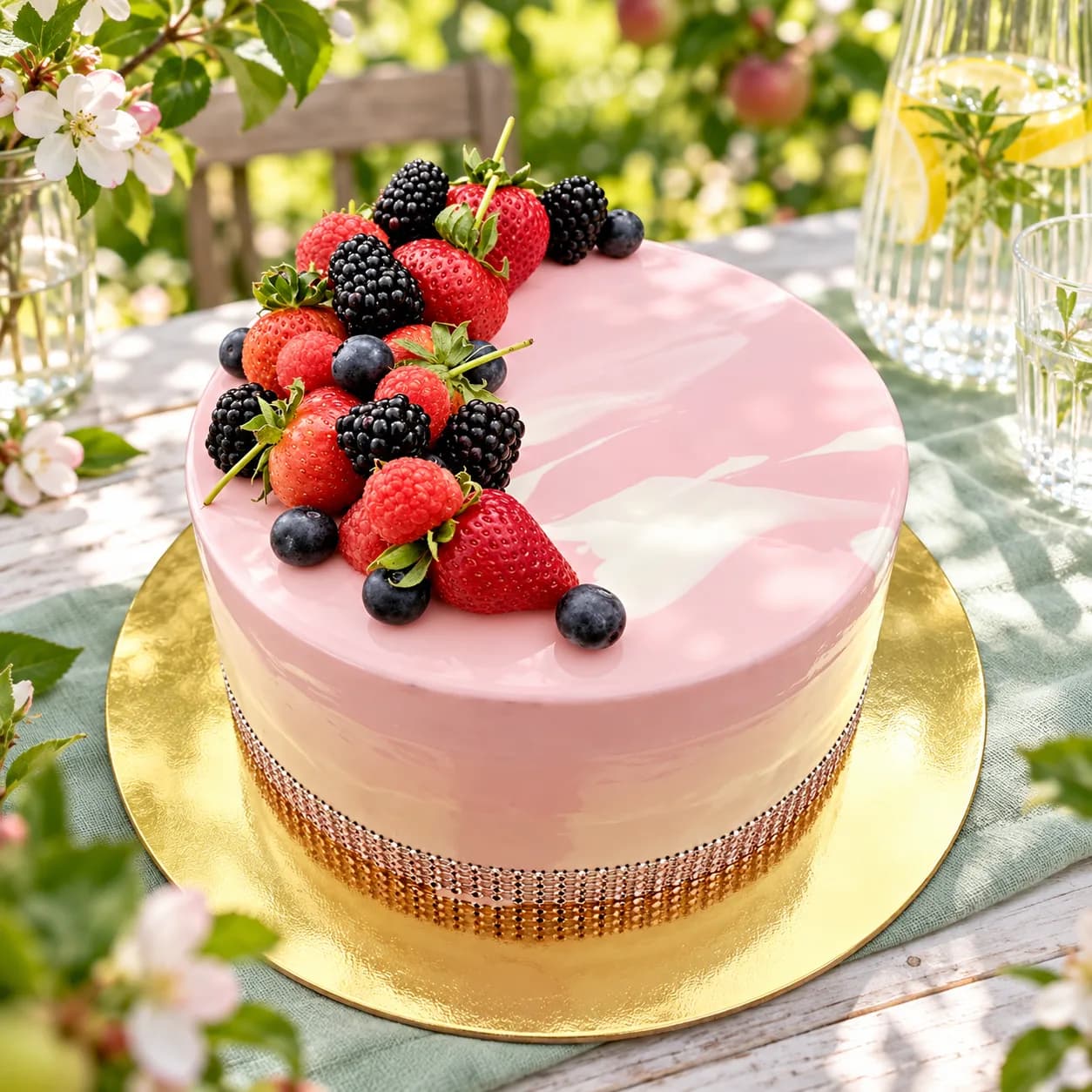 Marbled mirror-glaze mousse cake topped with strawberries, raspberries, blackberries and blueberries, made in Jersey by Sweets Land