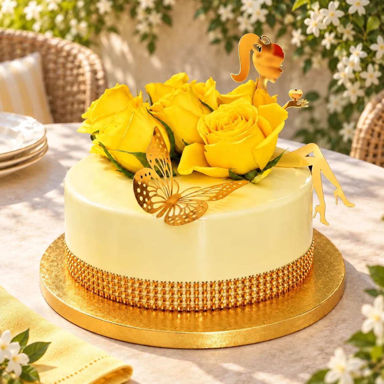 Ivory mirror-glaze cake with yellow roses, a gold butterfly and a gold figure, made in Jersey by Sweets Land