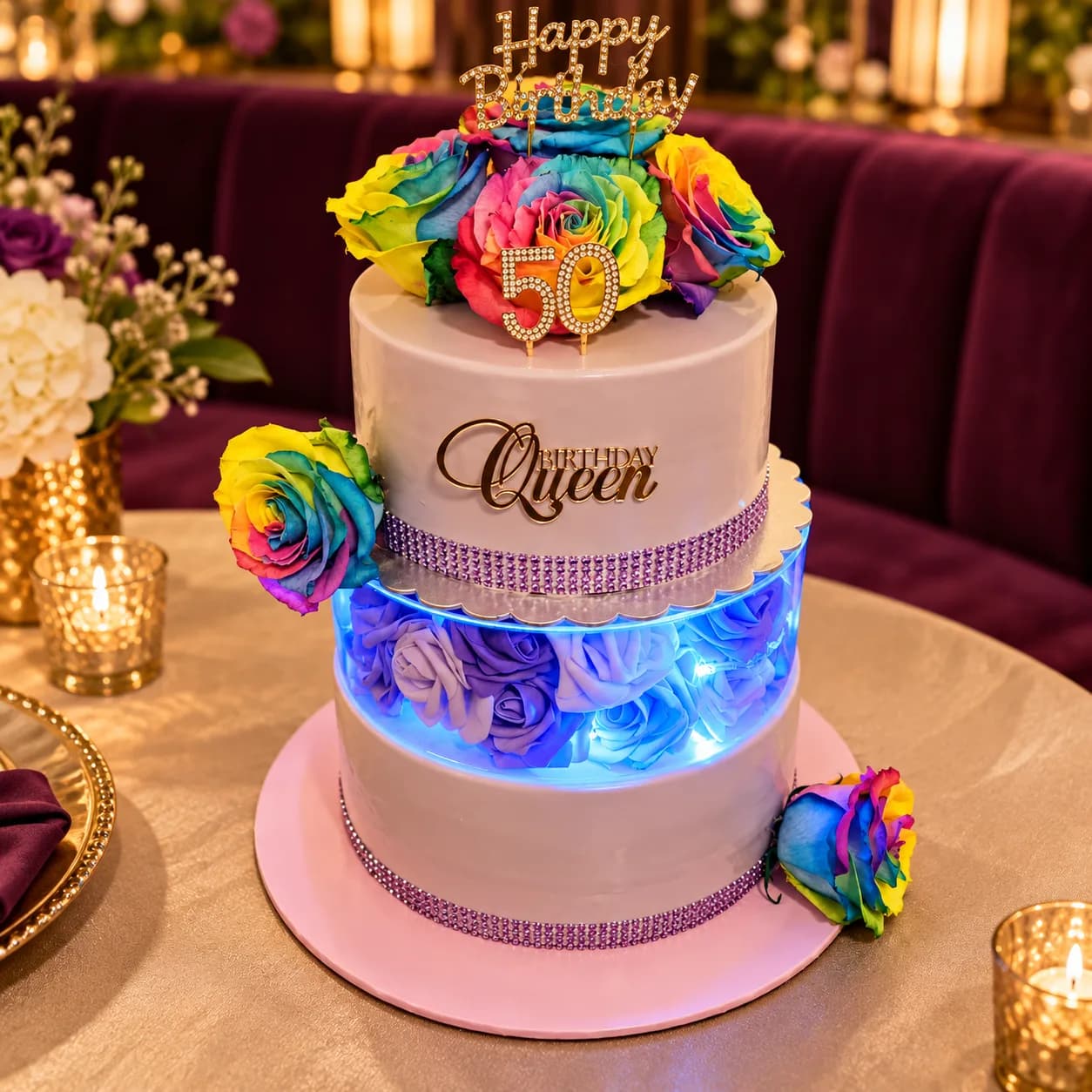Two-tier 50th birthday cake with rainbow roses, a Birthday Queen topper and a lit tier of roses, made in Jersey by Sweets Land