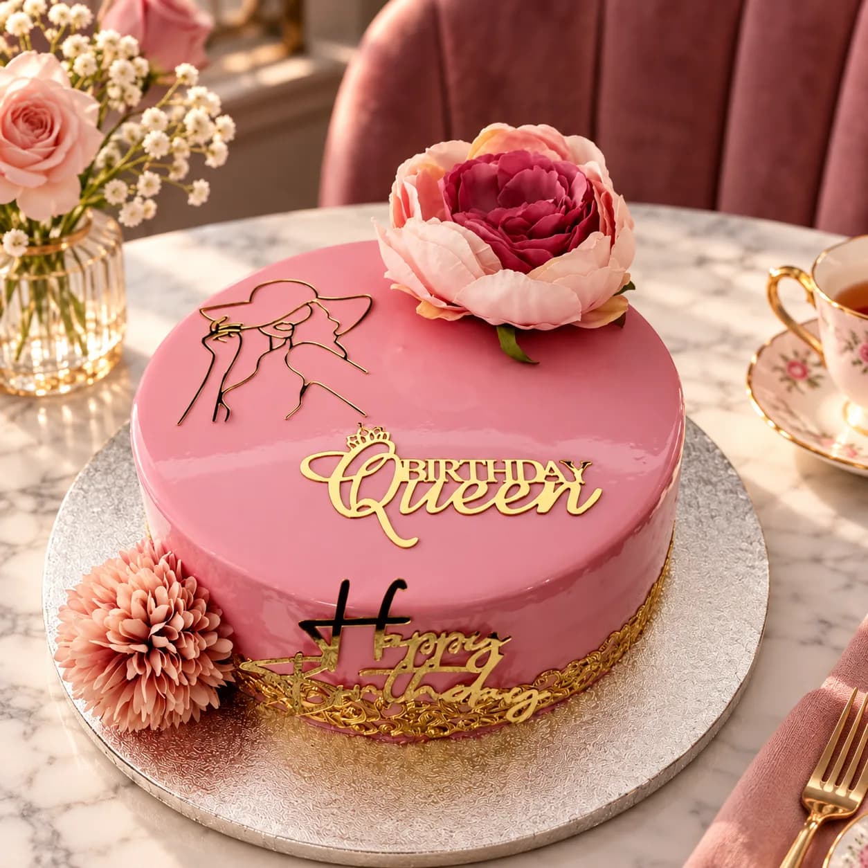 Mirror-glaze Birthday Queen cake with a peony, gold line art and a gold lace band, made in Jersey by Sweets Land