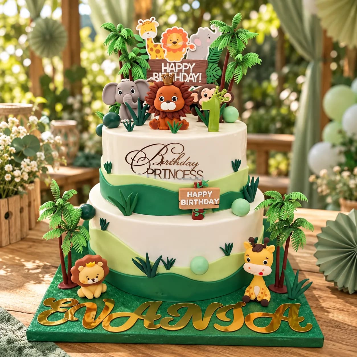 Two-tier jungle first birthday cake with a lion, elephant, monkey, giraffes and palm trees, made in Jersey by Sweets Land
